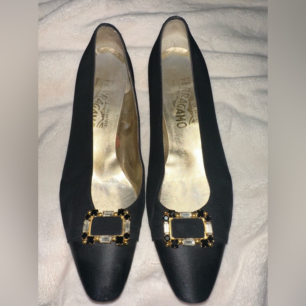 Salvatore Ferragamo Black Flats with Gold Accents